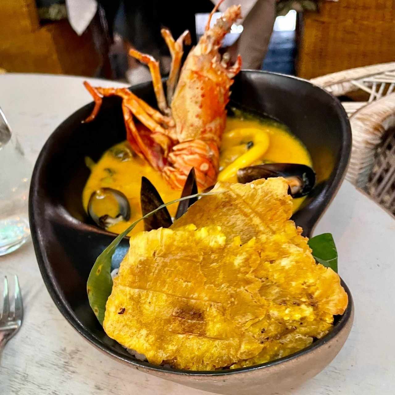 CAZUELA DE MARISCOS BOQUILLERA (Media Colita de Langosta Parrillada, Langostinos, Caracol, Calamar, Camarón y Mejillones Negros - acompañado con Arroz de Coco y Patacones)