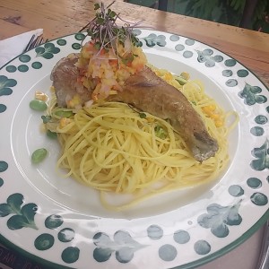atún sobre fideos al huevo