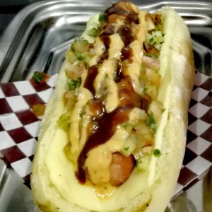 Hot Dog Especial (pan artesanal, salchicha americana, pico e gallo, mozarella y mayo y especias de la casa)