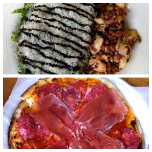 Ensalada marinera y pizza olivia