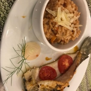 trucha rellena con risotto de hongos