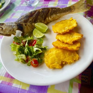 Corvina Entera Frita con Patacones y Ensalada Mixta