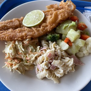 filete de pescado con vegetales y ensalada