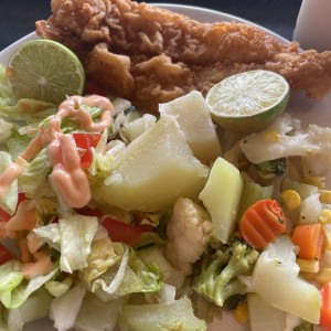 Filete de pescado con vegetales y ensalada