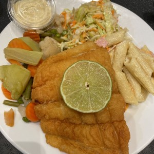 Pescado con vegetales y ensaladas