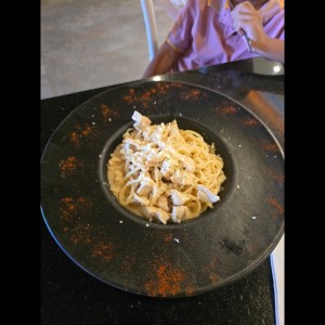 pasta armada, pollo en salsa blanca
