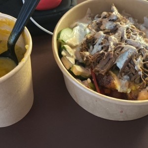 Steak bowl y crema de zapallo 