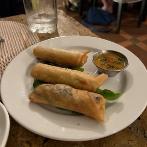 Rollos primavera rellenos de hongos Portobello, cebollina y zanahoria con yutney de durazno