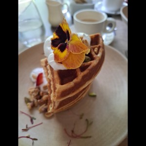 wafles con crema de vainilla y frutos secos