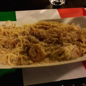 Spaguetti con Camarones y Bacon 