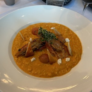 rissotto confitado d tomate y Jumbo shrimp