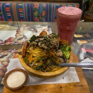 Wok - with mushrooms and tempeh. + hibiscus drink 