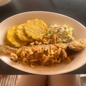 PESCADO A LA CASA (ENTERA, FRITA, CON MARISCOS ENCIMA)