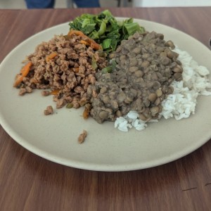 Lenteja, arroz blanco, soya molida, hoja de mostaza 