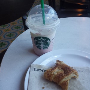 Strawberry creme Frappuccino with Ham and Cheese Croissant
