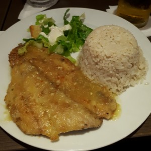 Filete de Corvina al Ajillo con Arroz con Coco