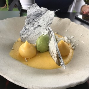 Postre con base de mango, espuma de maracuya y helado de te verde. Tope de merengue.