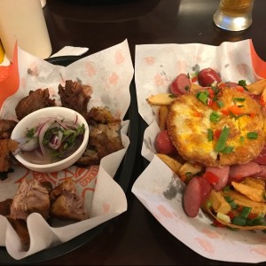 Salchipapa lima y Chicharron de Cerdo