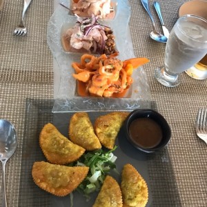 wonton de carne y trio de cebiches