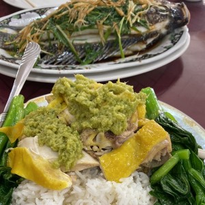 Pescado al Vapor y Pa Chi Kai (Gallina de Patio)