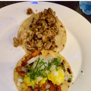 chicken taco, pork and pineapple taco