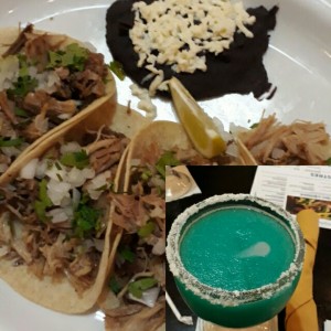 tacos de carnita de cerdo y Margarita agave azul