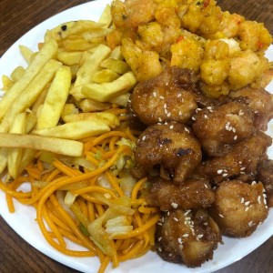 Chicken, shrinp, fries and noodles