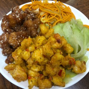 Sesame chicken, shrimp, noodles and vegies