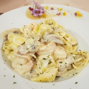 Tortellini ai funghi su crema di funghi