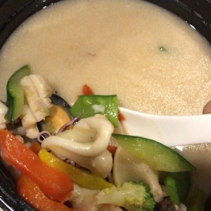 delivery spicy seadoof soup. tasty but squid tentacles were not cleaned and still had hard tooth inside