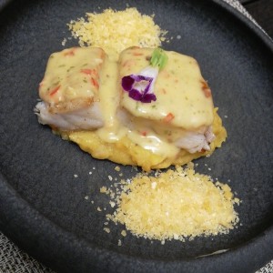 Corvina en salsa cremosa de ajo.