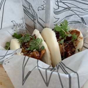 KFC Bun: Korean fried colliflower, ranch topped with Asian bbq sauce and arugula.