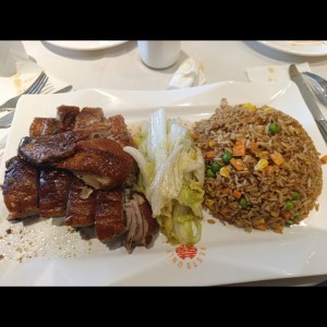 Pato asado con arroz frito