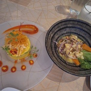 Causa Crocante de Pollo al Panko y Ceviche de Corvina.... riquisimas