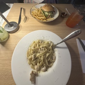 Chicken, Alfredo, and a burger