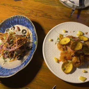 Pulpo acevichado y camarones apanados