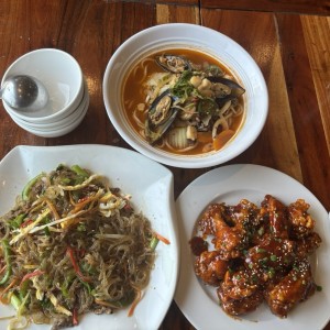 JapChae, gochujang wings and spicy seafood soup