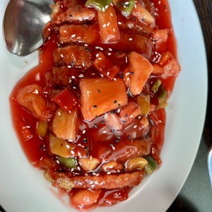 Pescado Vegano Apanado en salsa Agridulce