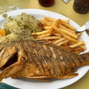 Pargo con yuca al mojo y porcion de papas 