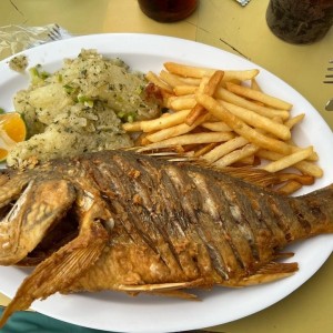 Pargo frito con yuca al mojo y papas fritas.
