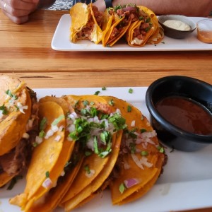 Quesatacos de Birria (Res) y al fondo los Quesatacos de chorizo