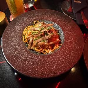 Linguini a la amatriciana con crispy porkbelly