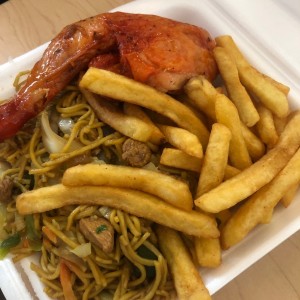 Chow mein with roast chicken
