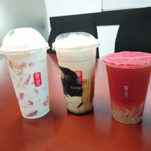 Double peach smoothie + Brown Sugar milk tea + strawberry tea
