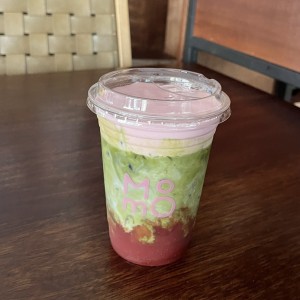 Iced strawberry matcha latte + pink foam