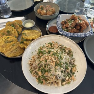 Patacones Cilantro, Mushroom Cashews Alfredo, Taiwanese Fried Chicken, Papas Romesco