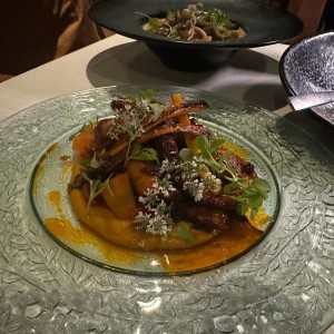 Pulpo con pure de zapallo y vegetales