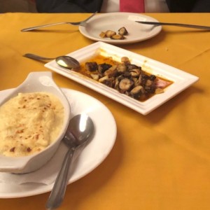 pulpo al carbon y langosta gratinada