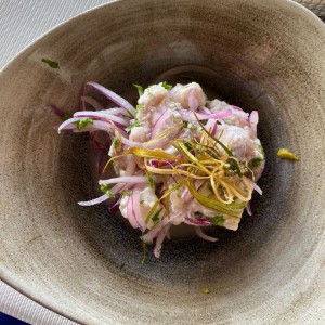 Seviche de corvina fresca en cama de trozos de aguacate.