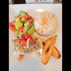 Almuerzo ejecutivo - Arroz con camarones, corvina, tajadas, y ensalada